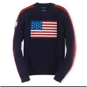 Ralph Lauren Navy Crewneck Sweater with American Flag and Red Trim